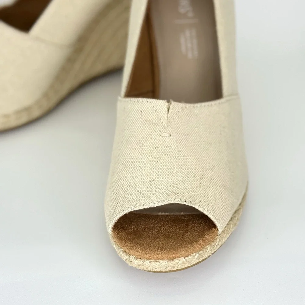 TOMS Canvas Espadrille Wedge Heels‎ Women's 9.5 Open Toe Natural Jute Sole